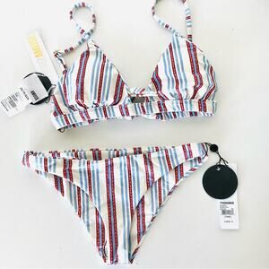 AMUSE SOCIETY Blue Red White Stripe Triangle Top Back Tie Bikini Bottoms Swim XS